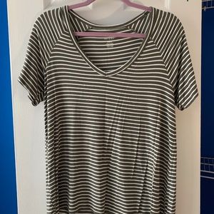 American Eagle Super Soft Army Green Striped Vneck